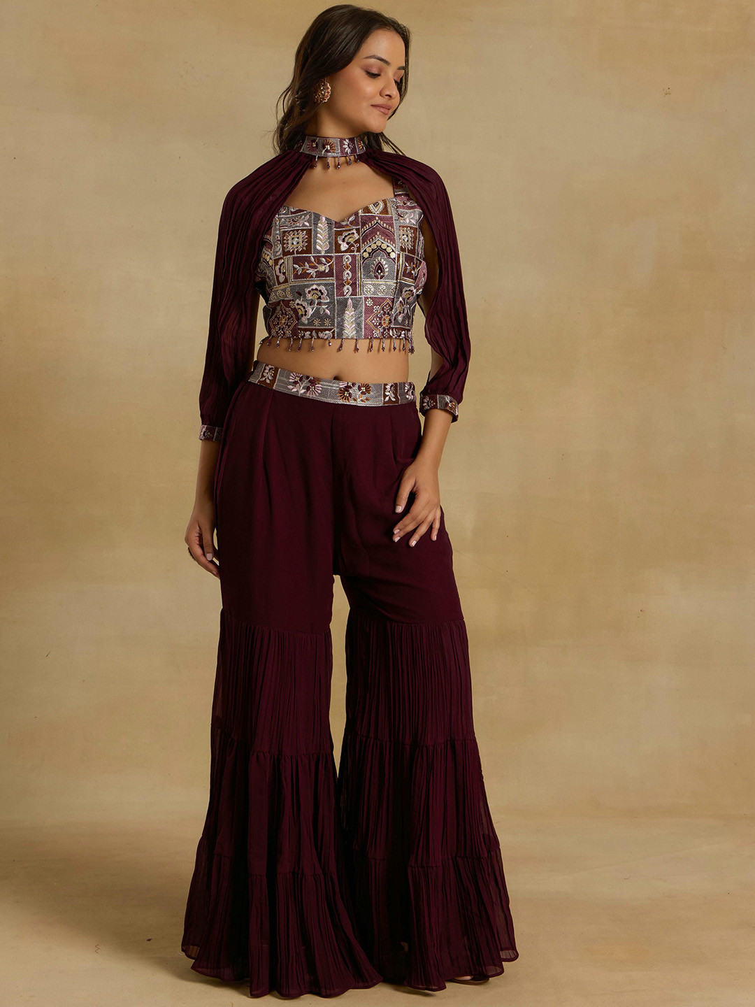 

Alaya By Stage3 Ethinic Motifs Embroidered SweetHeart Neck Top With Sharara & Cape, Purple