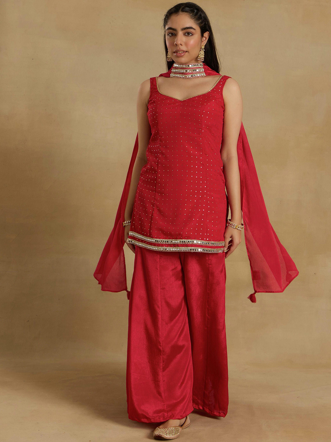 

Alaya By Stage3 Geometric Self Design Regular Sequinned Kurta With Palazzos & Dupatta, Red