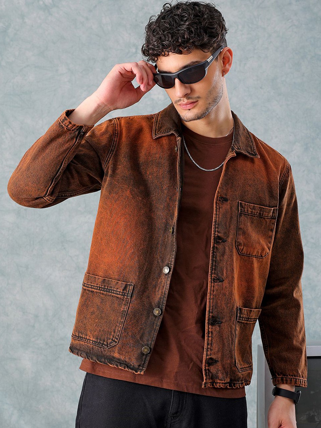 

The Indian Garage Co Washed Spread Collar Pure Cotton Denim Jacket, Rust