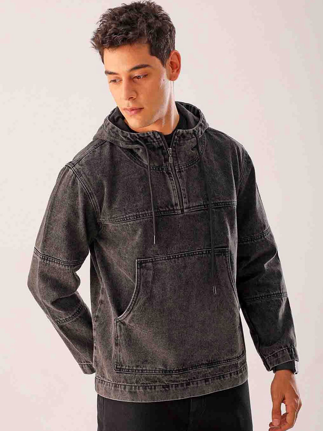

The Indian Garage Co Washed Hooded Pure Cotton Denim Jacket, Black
