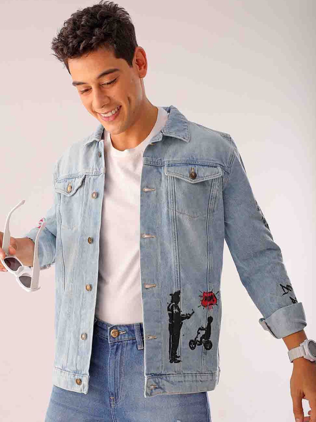 

The Indian Garage Co Men Typography Printed Spread Collar Denim Jacket, Blue
