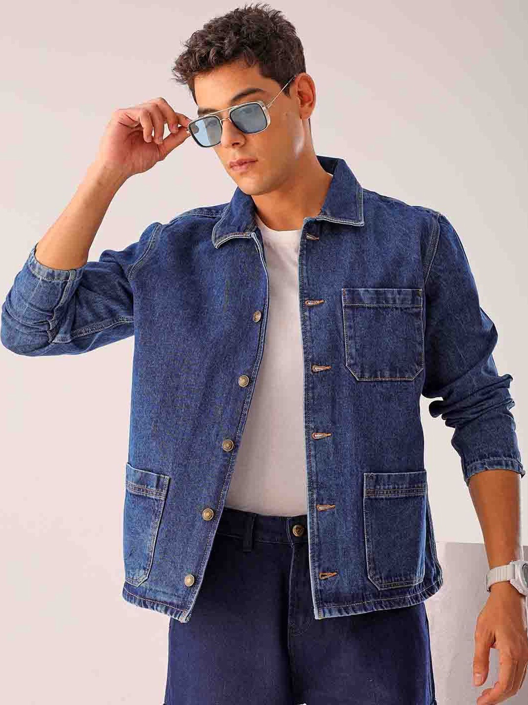 

The Indian Garage Co Spread Collar Pure Cotton Denim Jacket, Navy blue