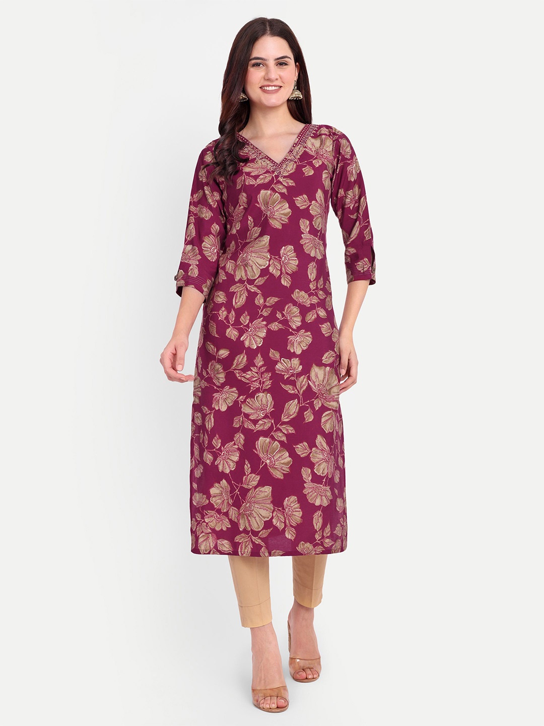 

FILO HEVIS Floral Printed V-Neck Cotton Straight Kurta, Red