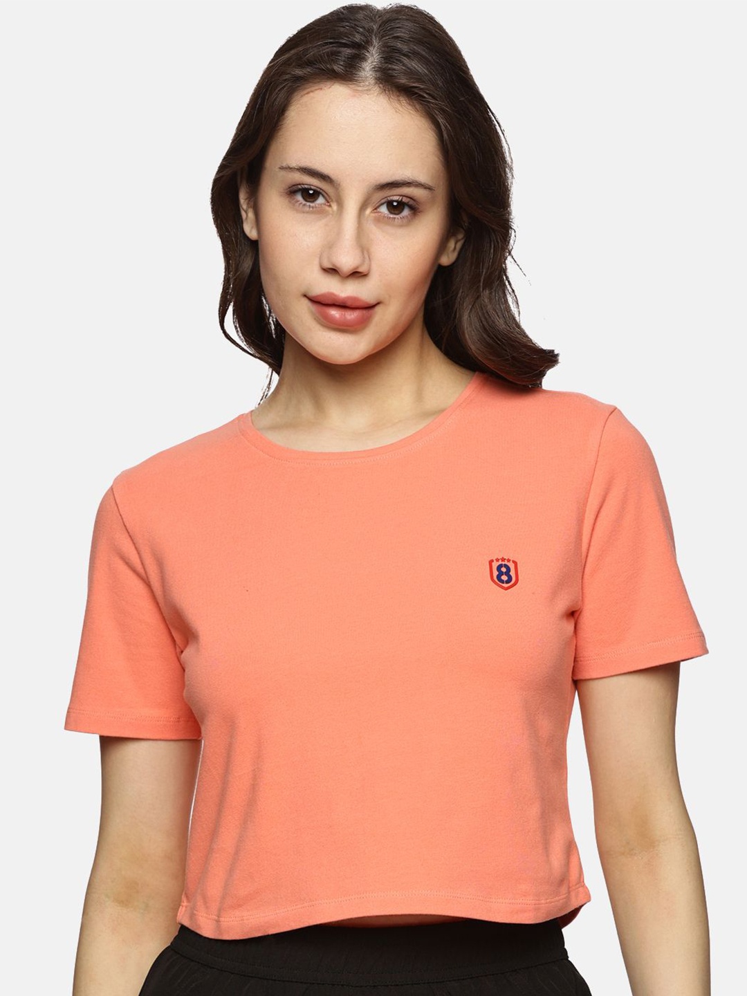 

DOMIN8 Women Solid Round Neck Embroidered T-shirt, Peach