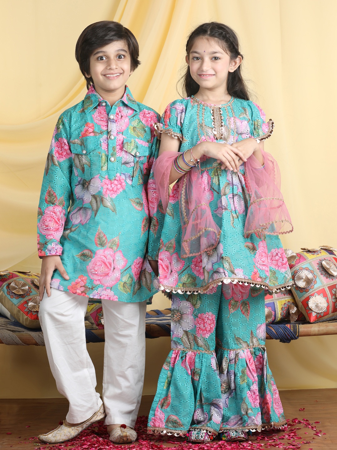

Cutiekins Boys Floral Printed Shirt Collar Straight Kurta with Pyjamas, Sea green