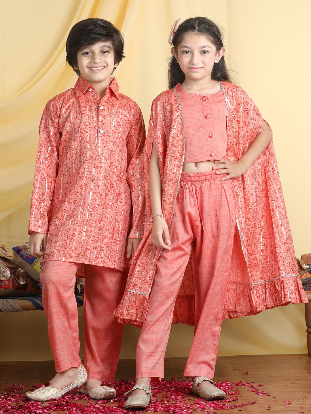 

Cutiekins Boys Floral Printed Shirt Collar Straight Kurta With Pyjama, Coral