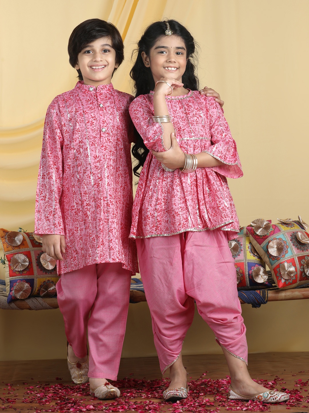 

Cutiekins Boys Floral Printed Mandarin Collar Straight Kurta with Pyjamas, Pink