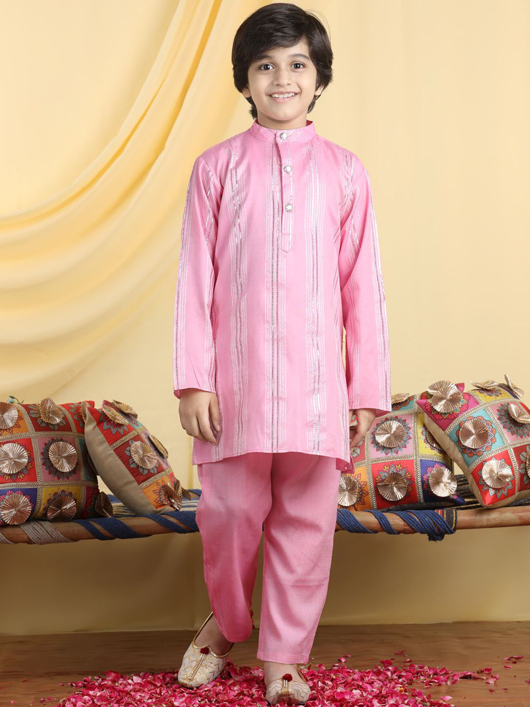 

Cutiekins Boys Striped Sequinned Straight Kurta With Pyjama, Pink