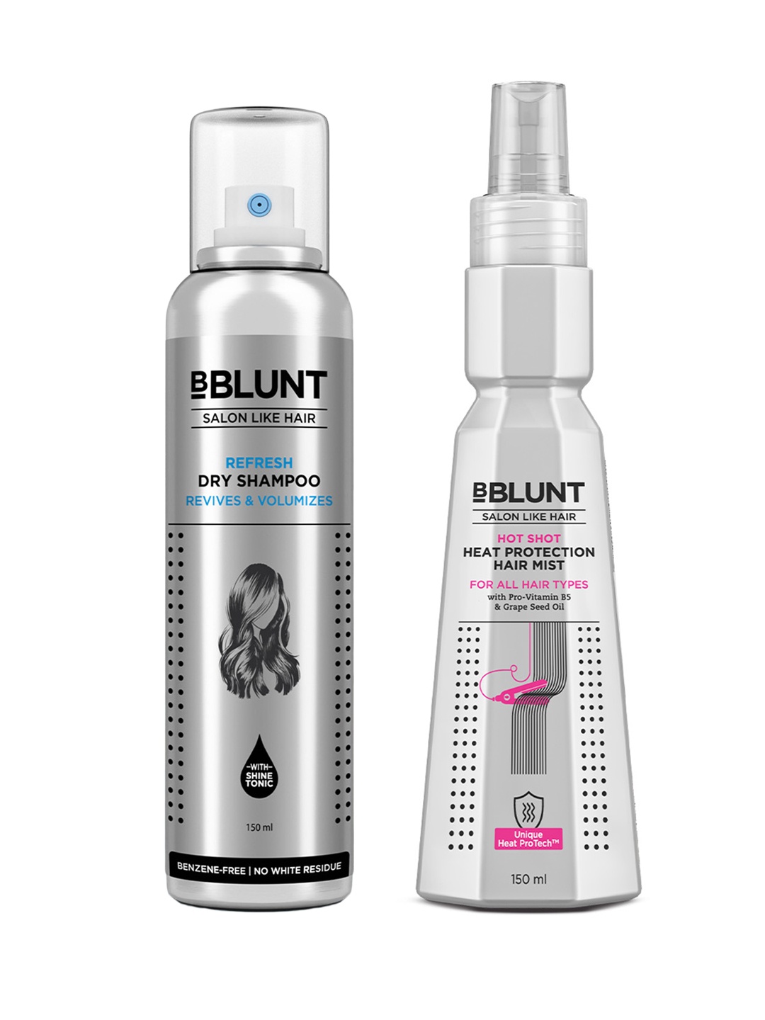 

BBLUNT Set of Refresh Dry Shampoo & Hot Shot Heat Protection Hair Mist - 150ml each, Silver