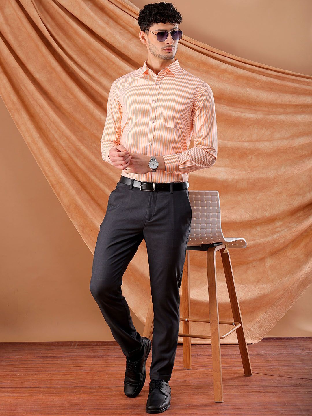 

The Indian Garage Co. X Luxe Slim Fit Striped Spread Collar Formal Shirt, Orange