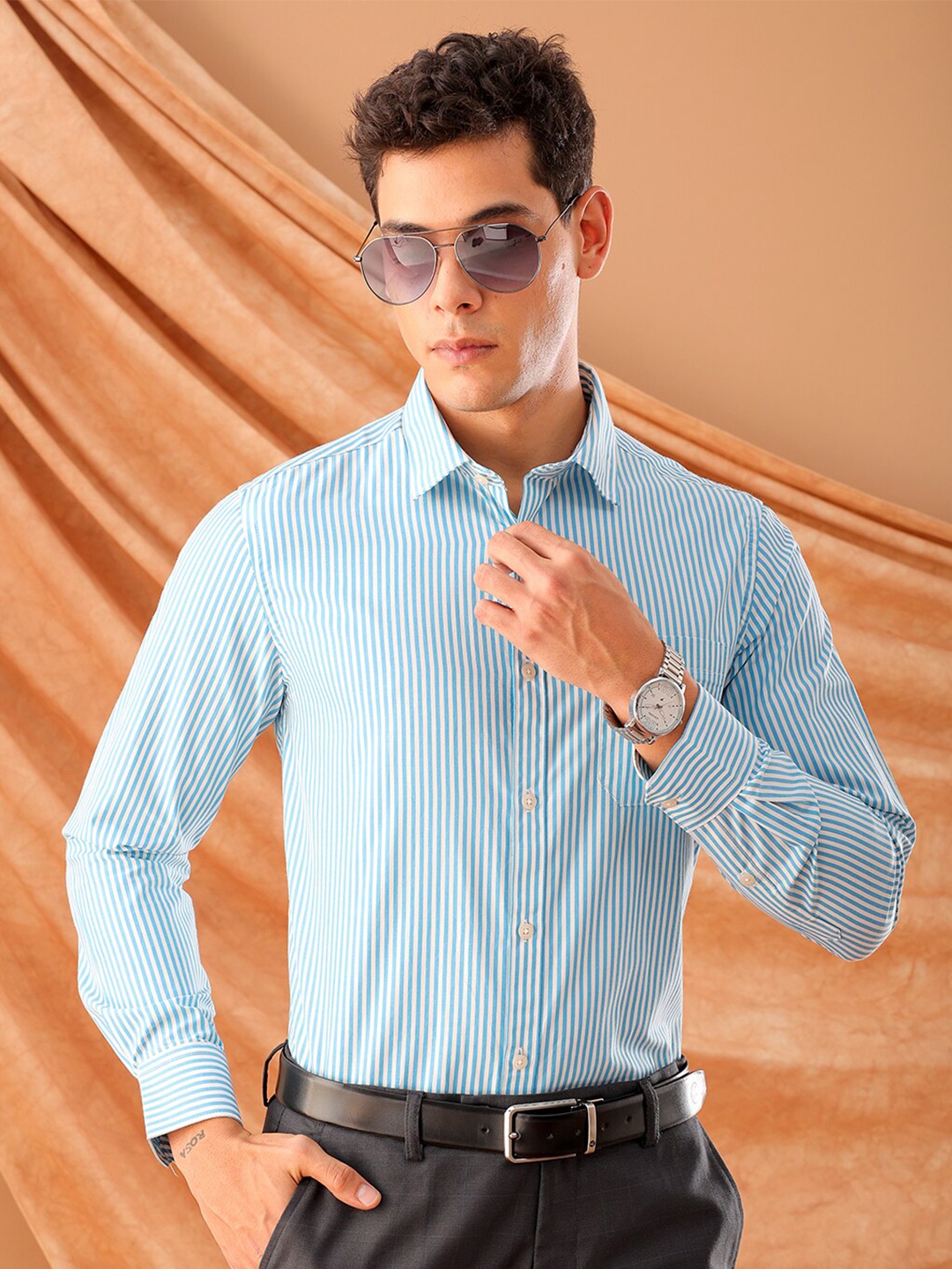 

The Indian Garage Co. X Luxe Slim Fit Striped Spread Collar Formal Shirt, Teal