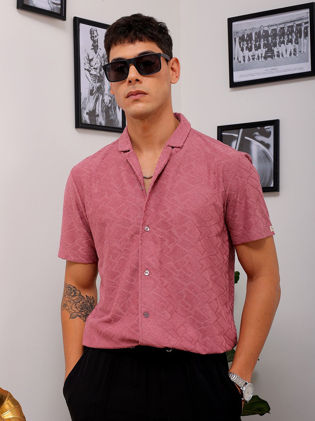 

The Indian Garage Co Men Slim Fit Textured Terry Knit Resortwear Shirt, Pink