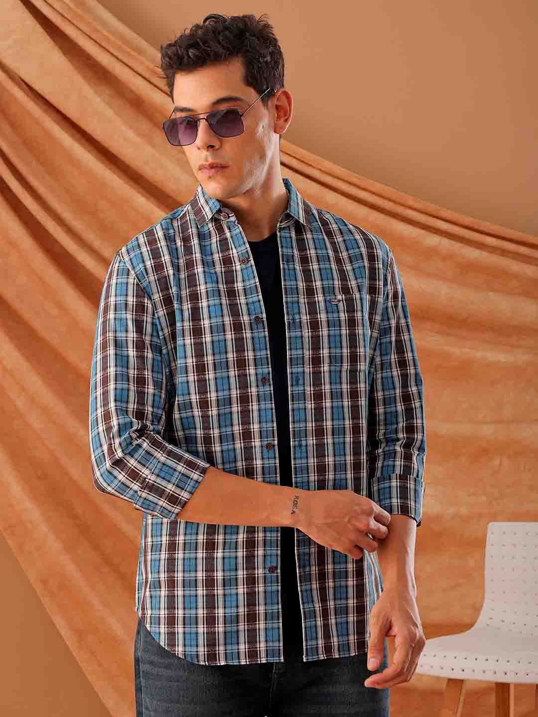 

The Indian Garage Co. Spread Collar Slim Fit Checked Cotton Casual Shirt, Navy blue