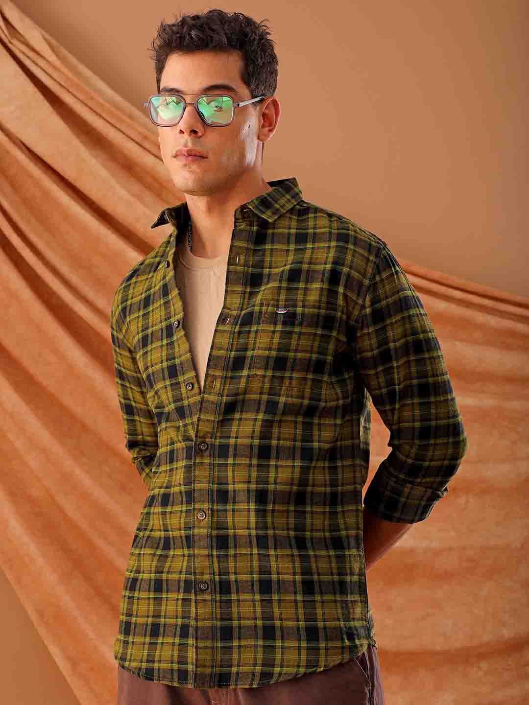 

The Indian Garage Co. Spread Collar Slim Fit Tartan Checks Cotton Casual Shirt, Green