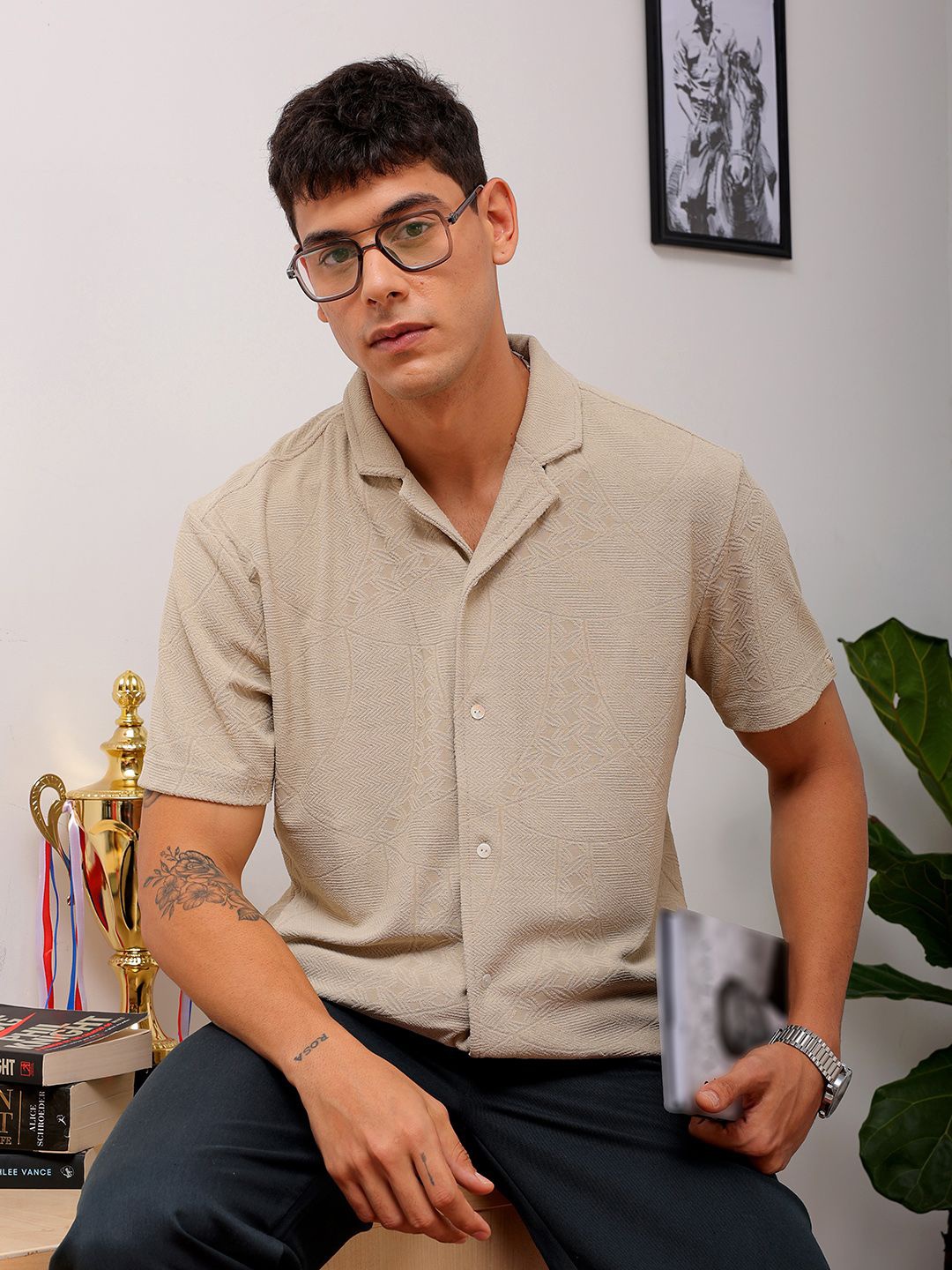 

The Indian Garage Co Men Slim Fit Textured Terry Knit Resortwear Shirt, Beige