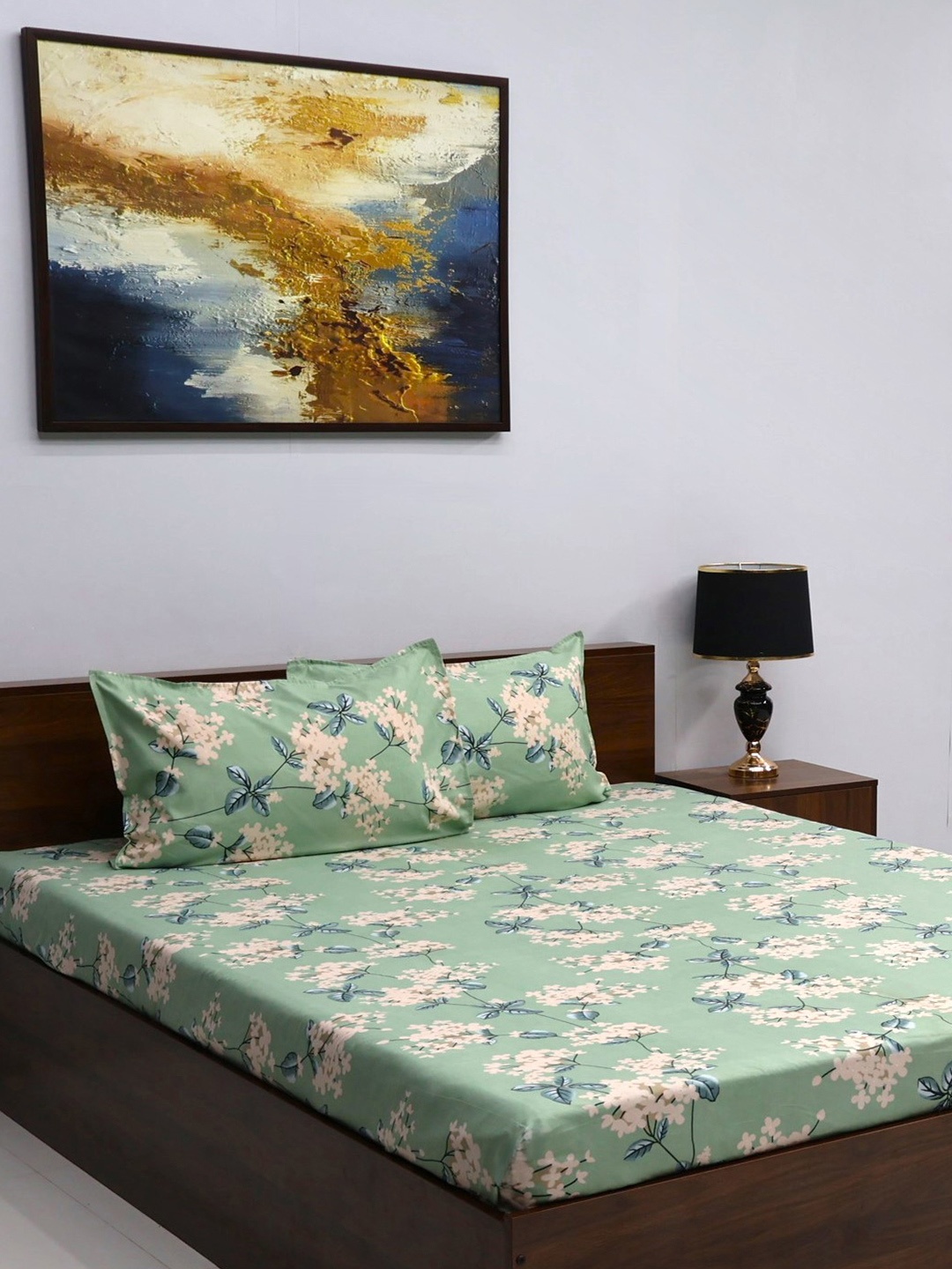 

BOMBAY DYEING Vista Sea Green & Yellow Floral 144 TC Queen Bedsheet With 2 Pillow Covers