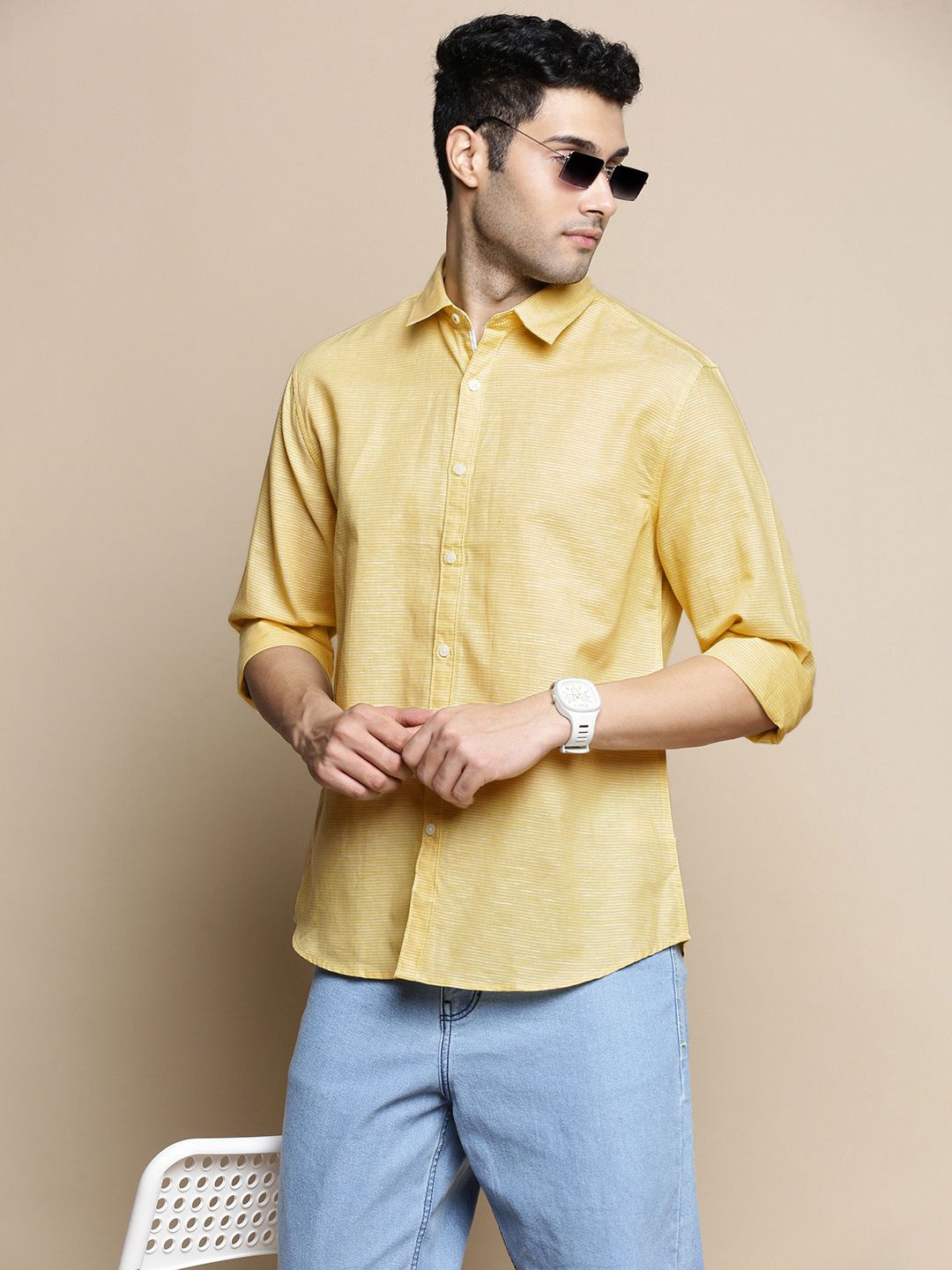 

INVICTUS Sport Slim Fit Horizontal Striped Cotton Casual Shirt, Yellow