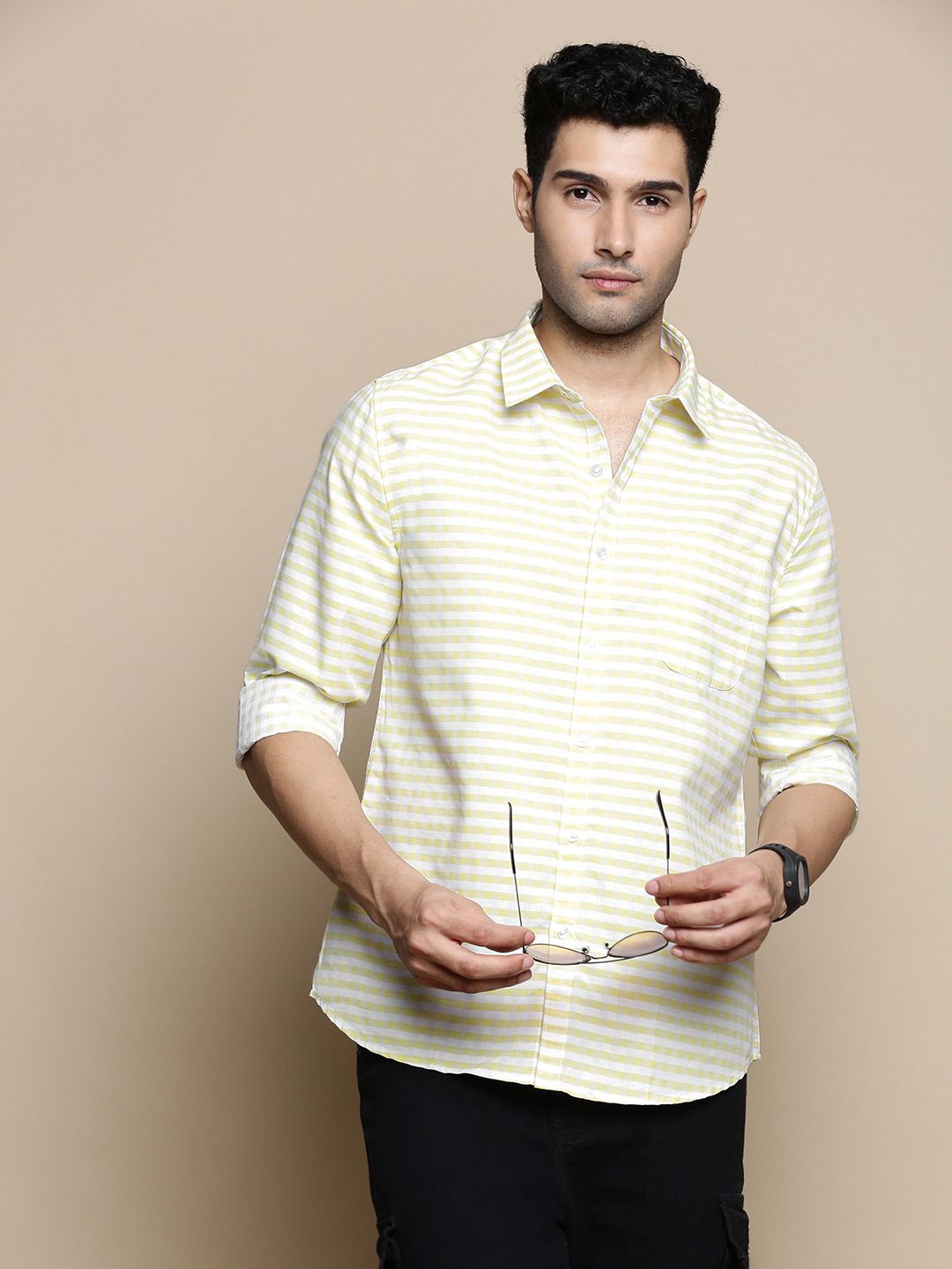 

INVICTUS Sport Slim Fit Horizontal Striped Cotton Casual Shirt, Yellow