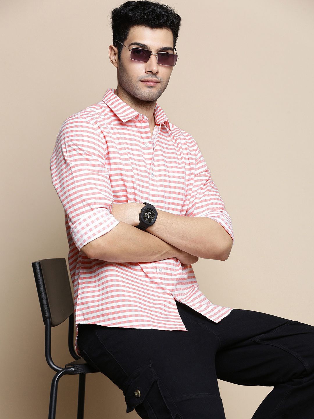 

INVICTUS Sport Slim Fit Horizontal Striped Twill Weave Cotton Shirt, Coral