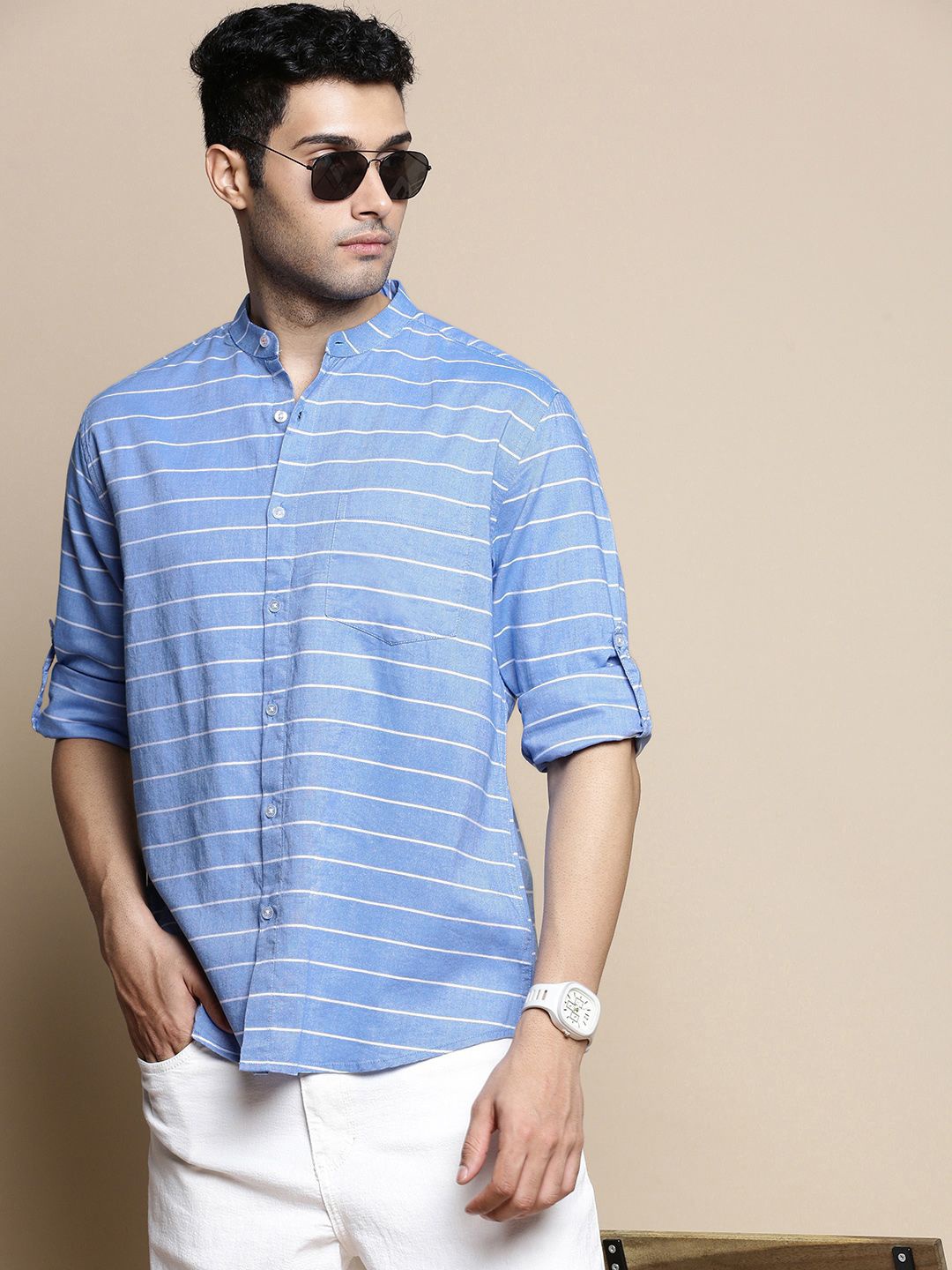 INVICTUS Sport Slim Fit Horizontal Stripes Cotton Casual Shirt, Blue