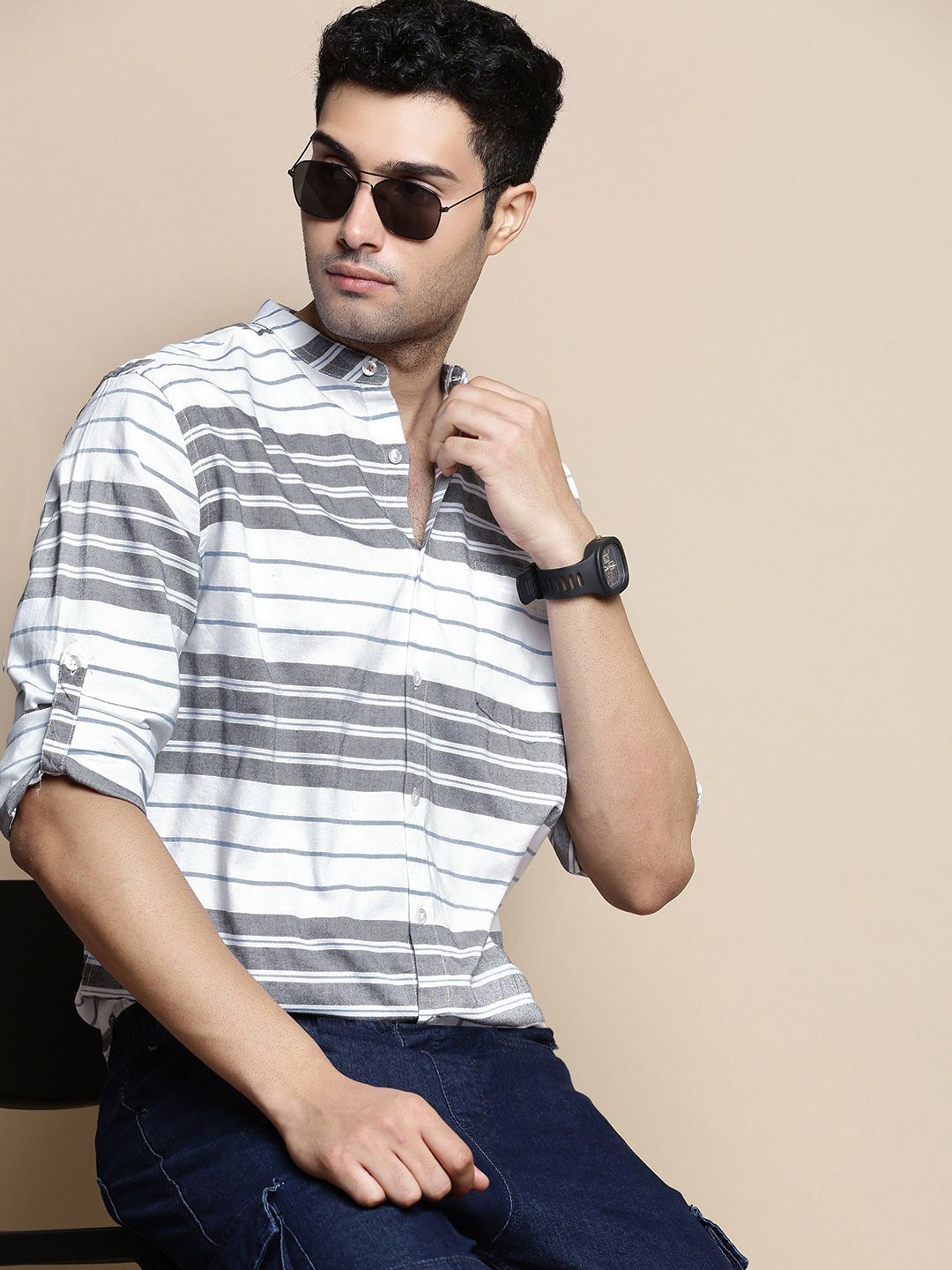 

INVICTUS Sport Slim Fit Horizontal Stripes Opaque Striped Cotton Casual Shirt, Black