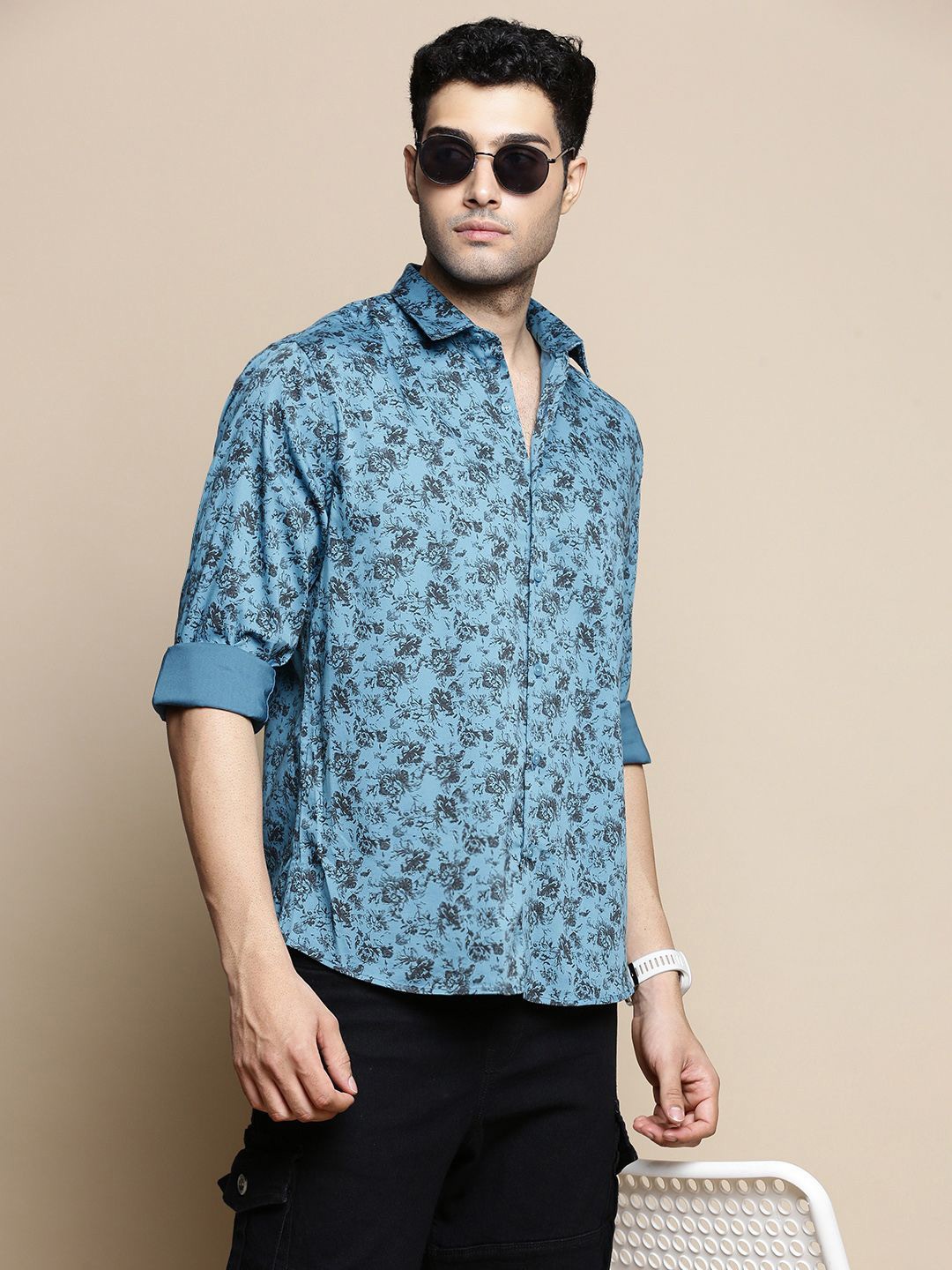 

INVICTUS Club Slim Fit Floral Printed Spread Collar Cotton Shirt, Teal