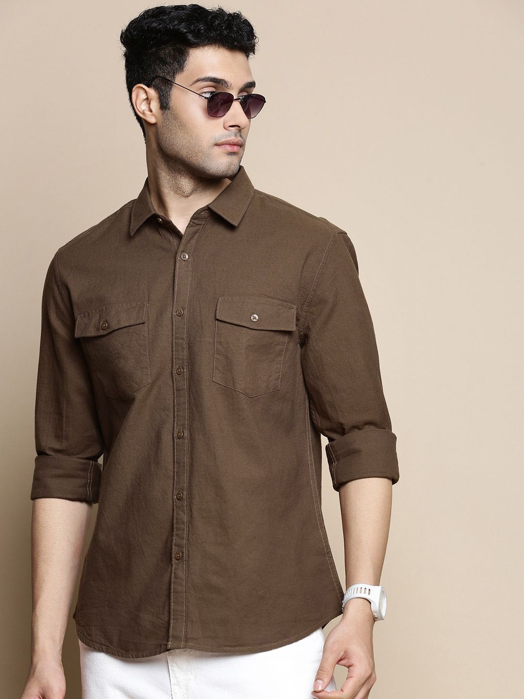 

INVICTUS Sport Slim Fit Spread Collar Twill Weave Cotton Shirt, Brown