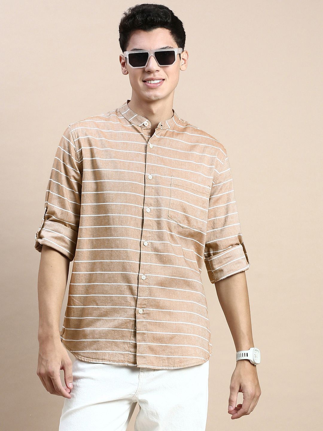 

INVICTUS Slim Fit Horizontal Stripes Cotton Casual Shirt, Khaki