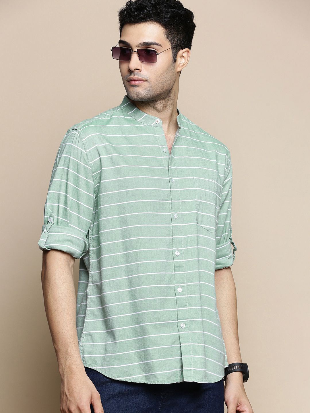 INVICTUS Sport Slim Fit Horizontal Stripes Opaque Striped Cotton Casual Shirt, Green