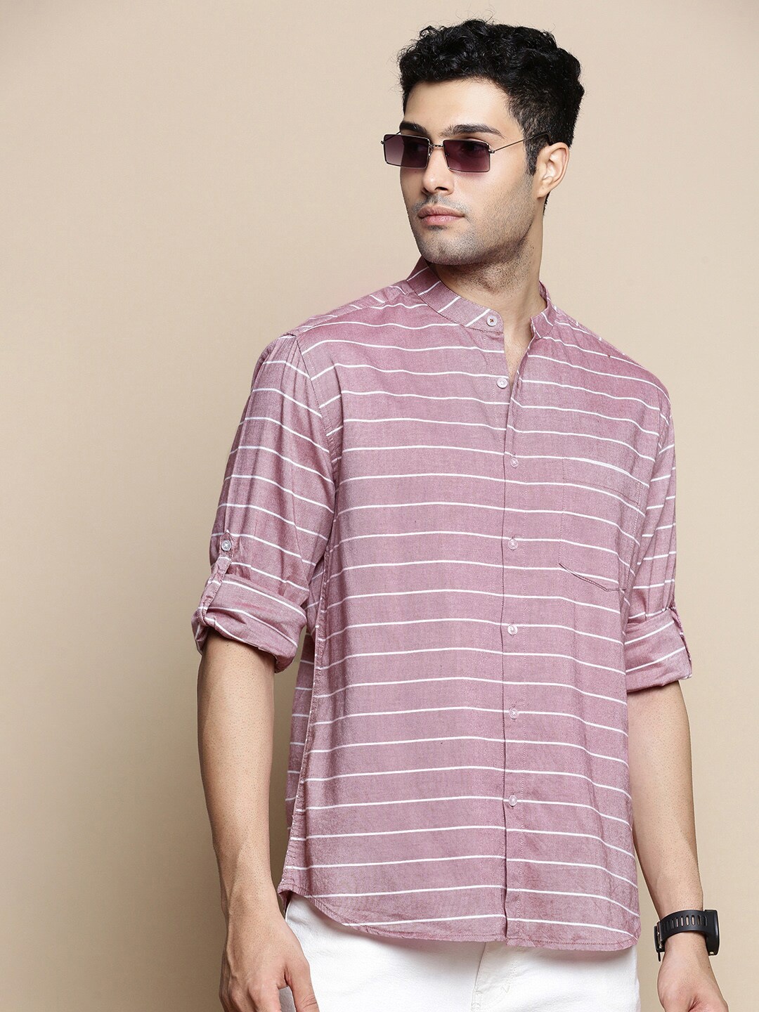 INVICTUS Sport Slim Fit Horizontal Striped Cotton Casual Shirt, Peach