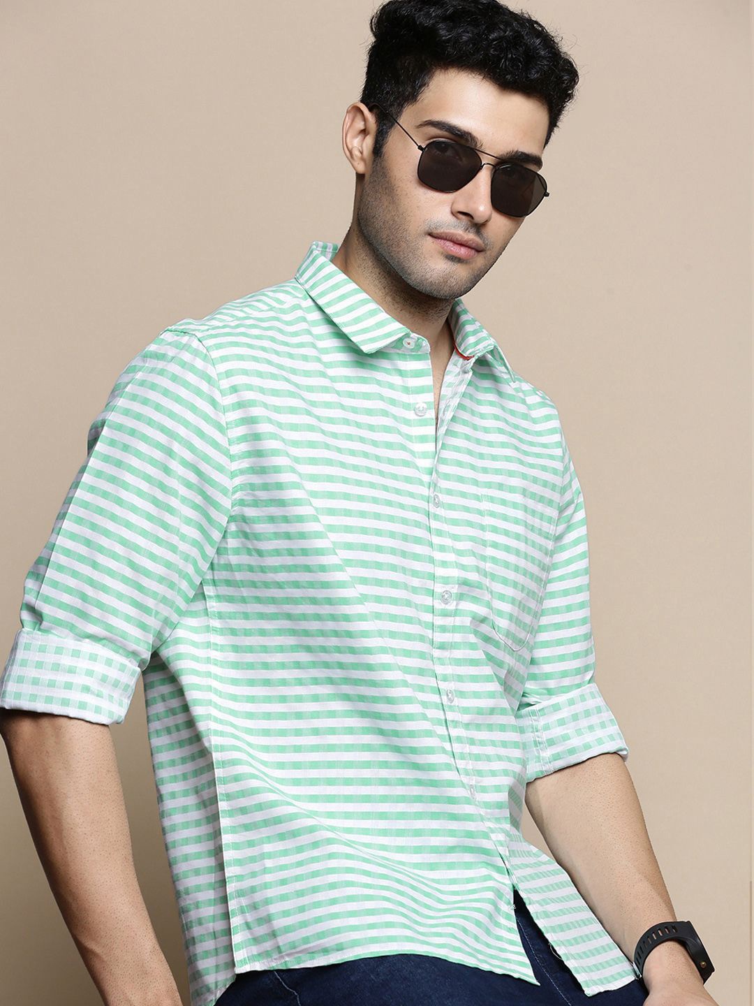 

INVICTUS Sport Slim Fit Horizontal Striped Cotton Casual Shirt, Green