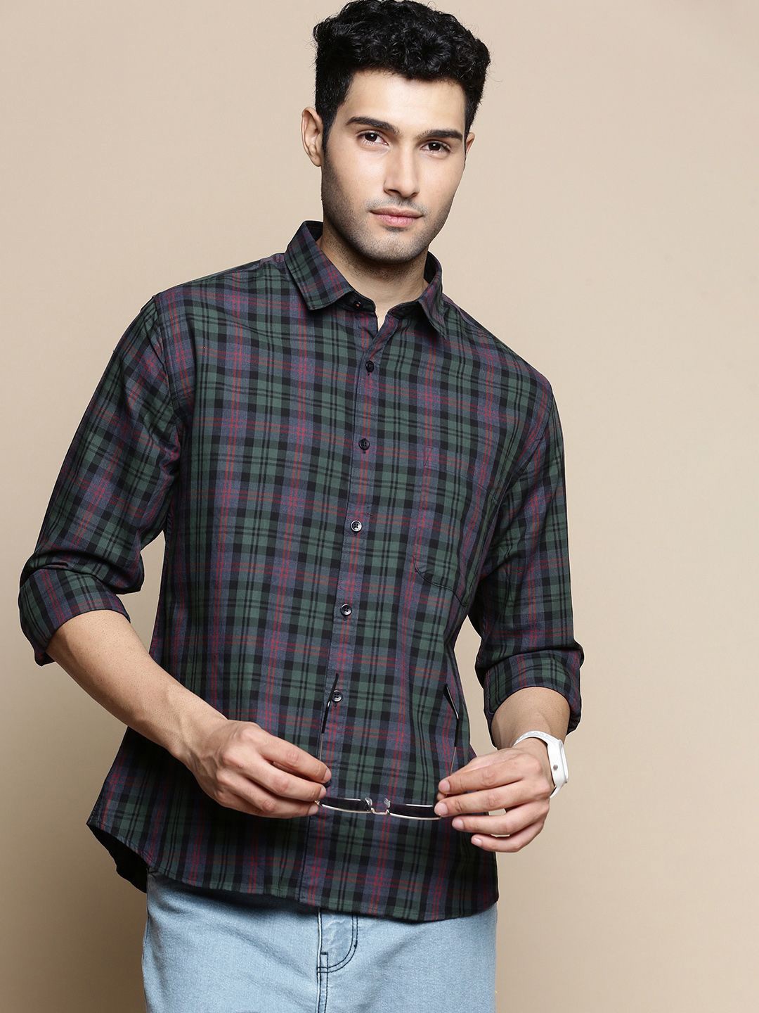 

INVICTUS Sport Slim Fit Tartan Checks Opaque Checked Cotton Casual Shirt, Navy blue