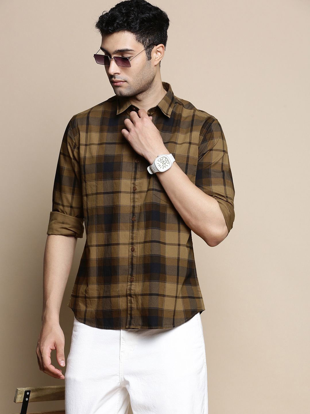 

INVICTUS Sport Slim Fit Tartan Checked Cotton Casual Shirt, Brown