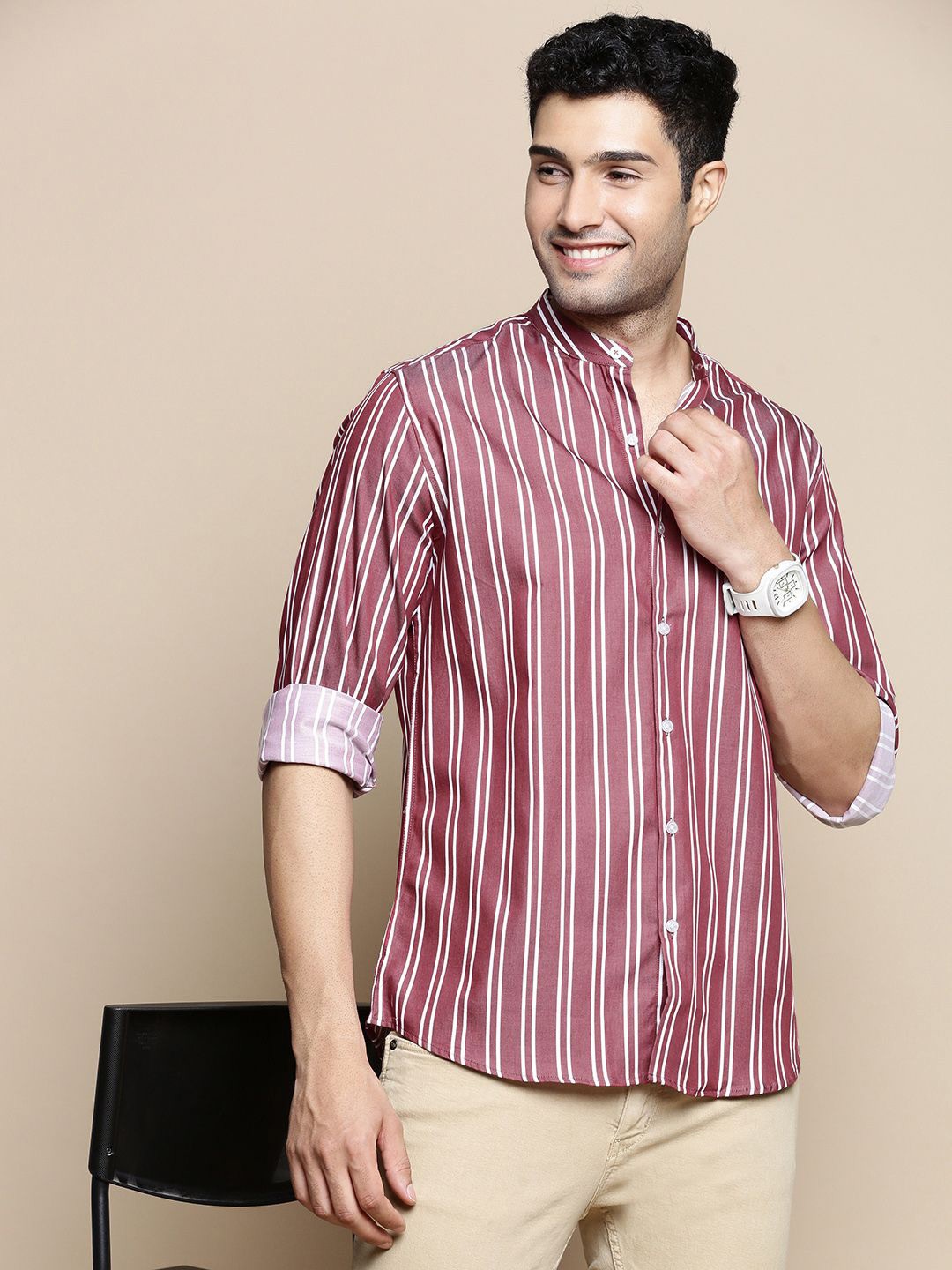 

INVICTUS Sport Slim Fit Striped Band Collar Twill Weave Cotton Shirt, Maroon