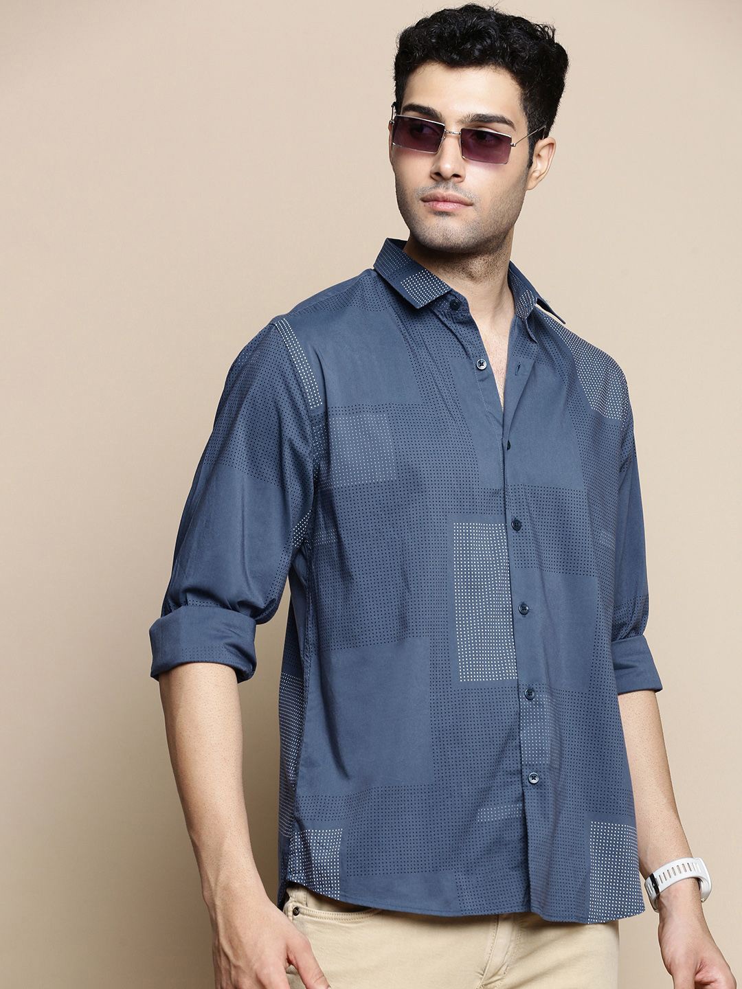 

INVICTUS Club Slim Fit Geometric Printed Spread Collar Cotton Shirt, Blue