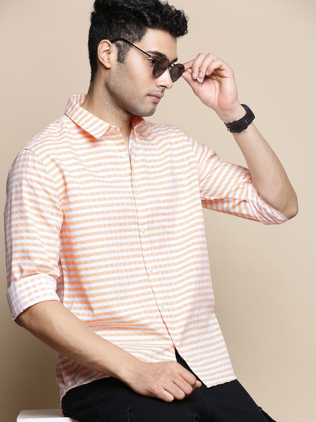 

INVICTUS Sport Slim Fit Horizontal Stripes Cotton Casual Shirt, Orange