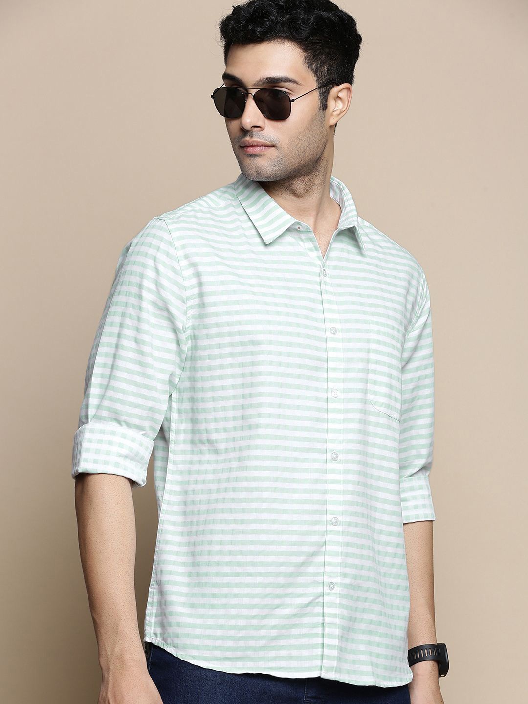 

INVICTUS Sport Slim Fit Horizontal Striped Spread Collar Twill Weave Cotton Shirt, Sea green