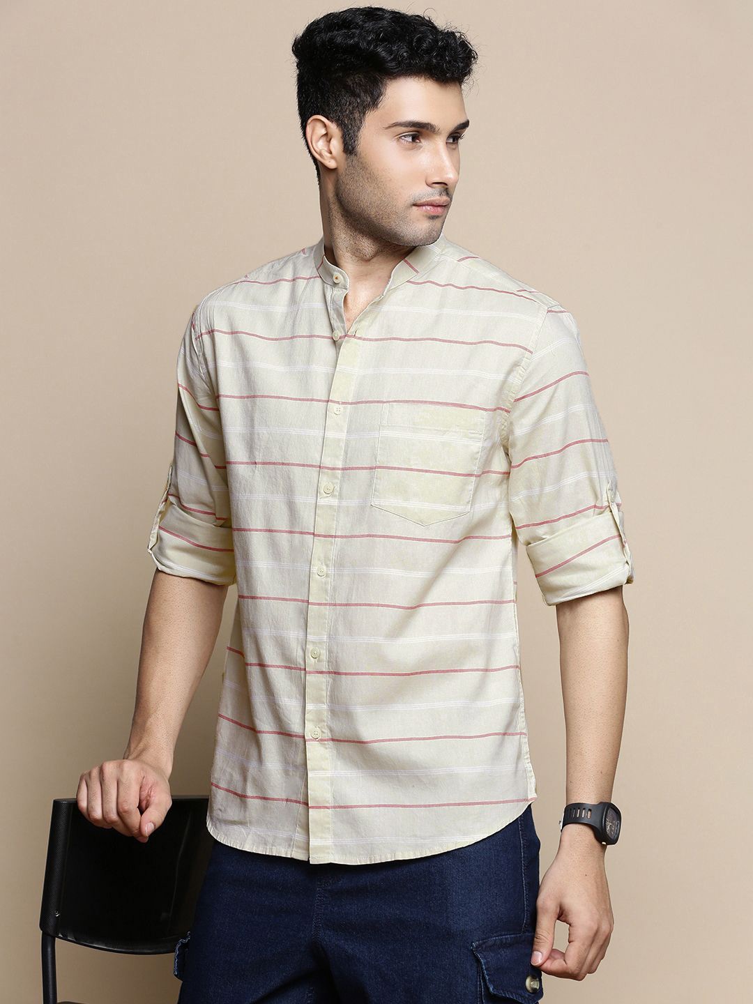 

INVICTUS Sport Slim Fit Horizontal Striped Band Collar Oxford Weave Cotton Shirt, Cream