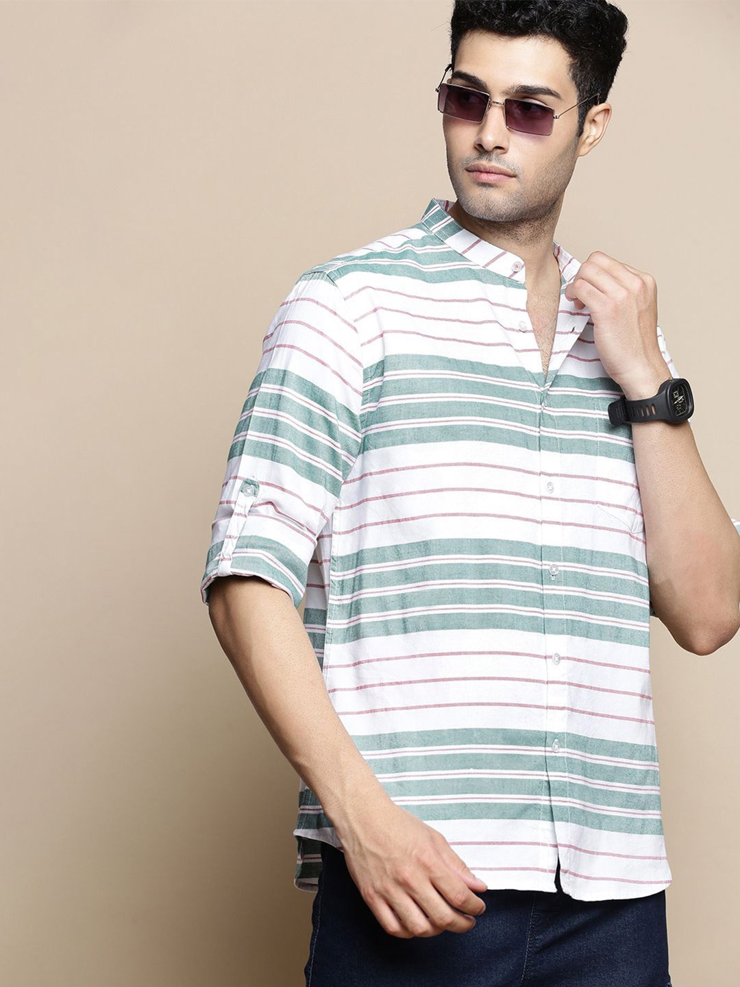 

INVICTUS Sport Slim Fit Horizontal Stripes Striped Cotton Casual Shirt, Green