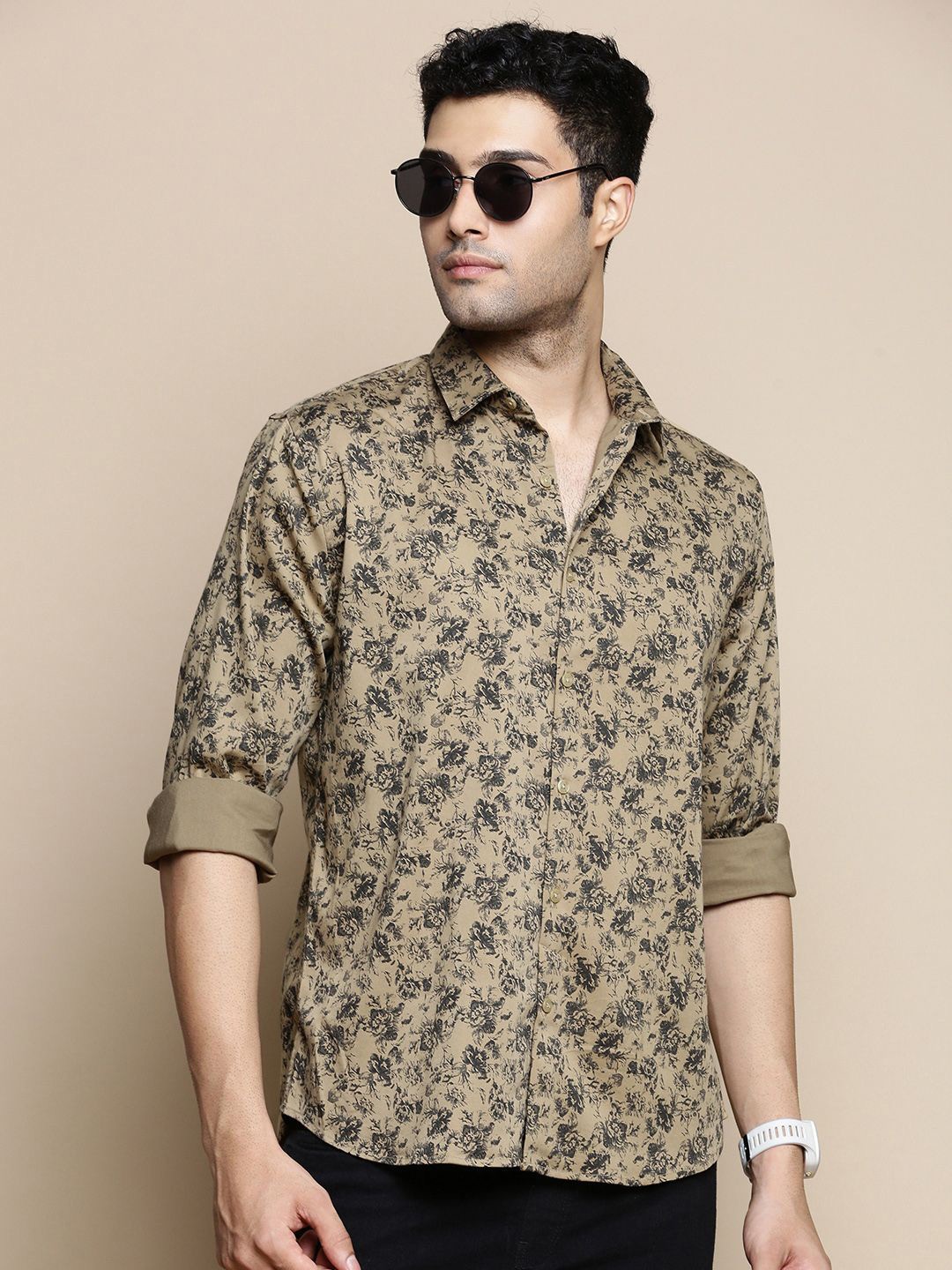 

INVICTUS Club Slim Fit Floral Printed Cotton Casual Shirt, Brown