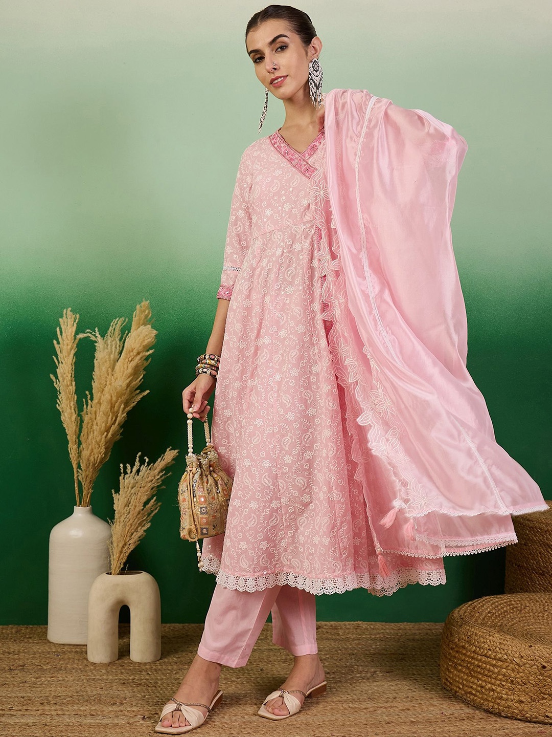 

all about you Paisley Embroidered Angrakha Pure Cotton Anarkali Kurta & Trousers & Dupatta, Pink