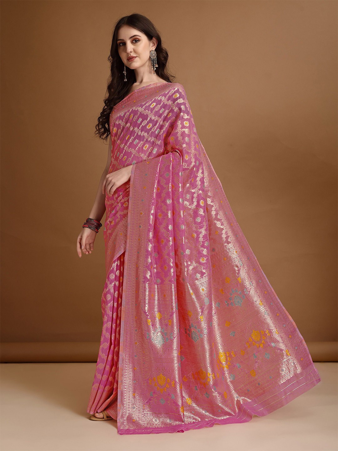 

MAGMINA Ethnic Motifs Woven Design Banarasi Saree, Pink