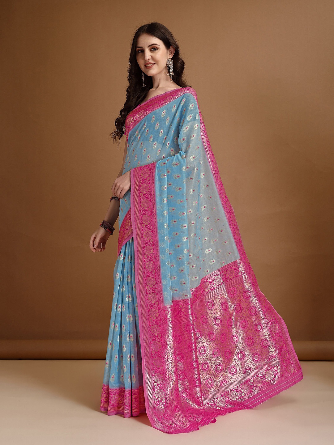 

MAGMINA Woven Design Zari Jamdani Saree, Turquoise blue