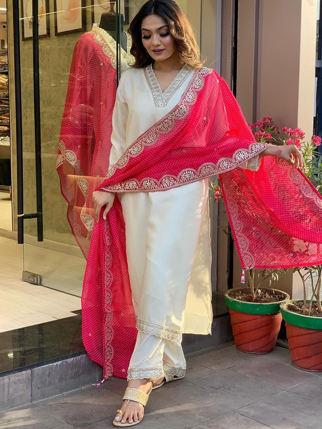 

KALINI Yoke Design Mirror Work Chanderi Cotton Straight Kurta With Trousers & Dupatta, Off white