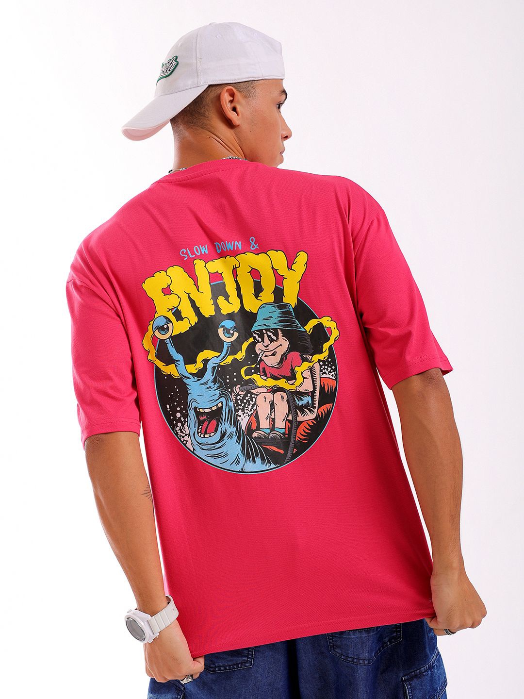 

The Indian Garage Co Men Back Printed Round Neck Boxy Oversized T-shirt, Pink