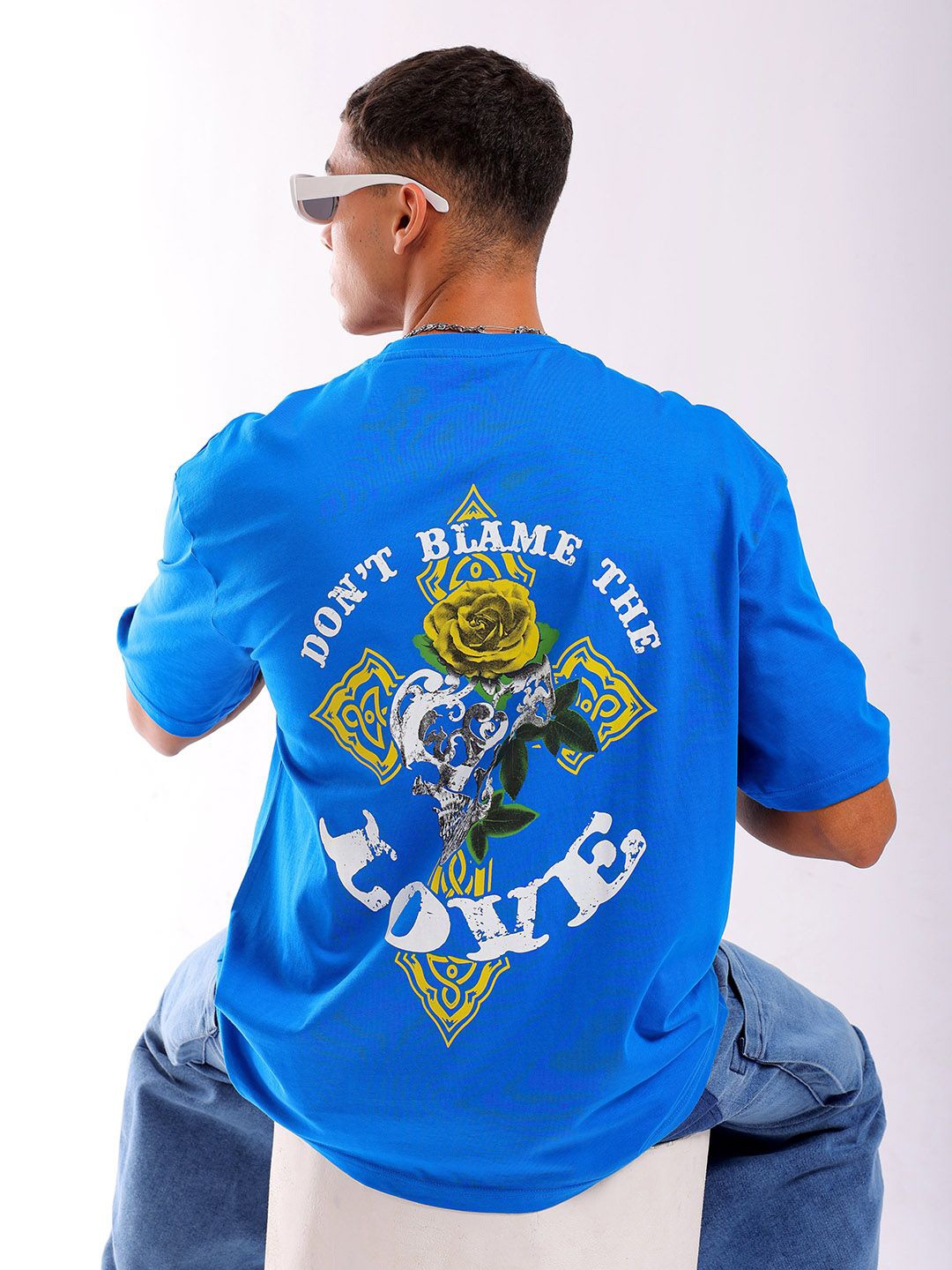 

The Indian Garage Co Men Back Printed Round Neck Boxy Oversized T-shirt, Blue