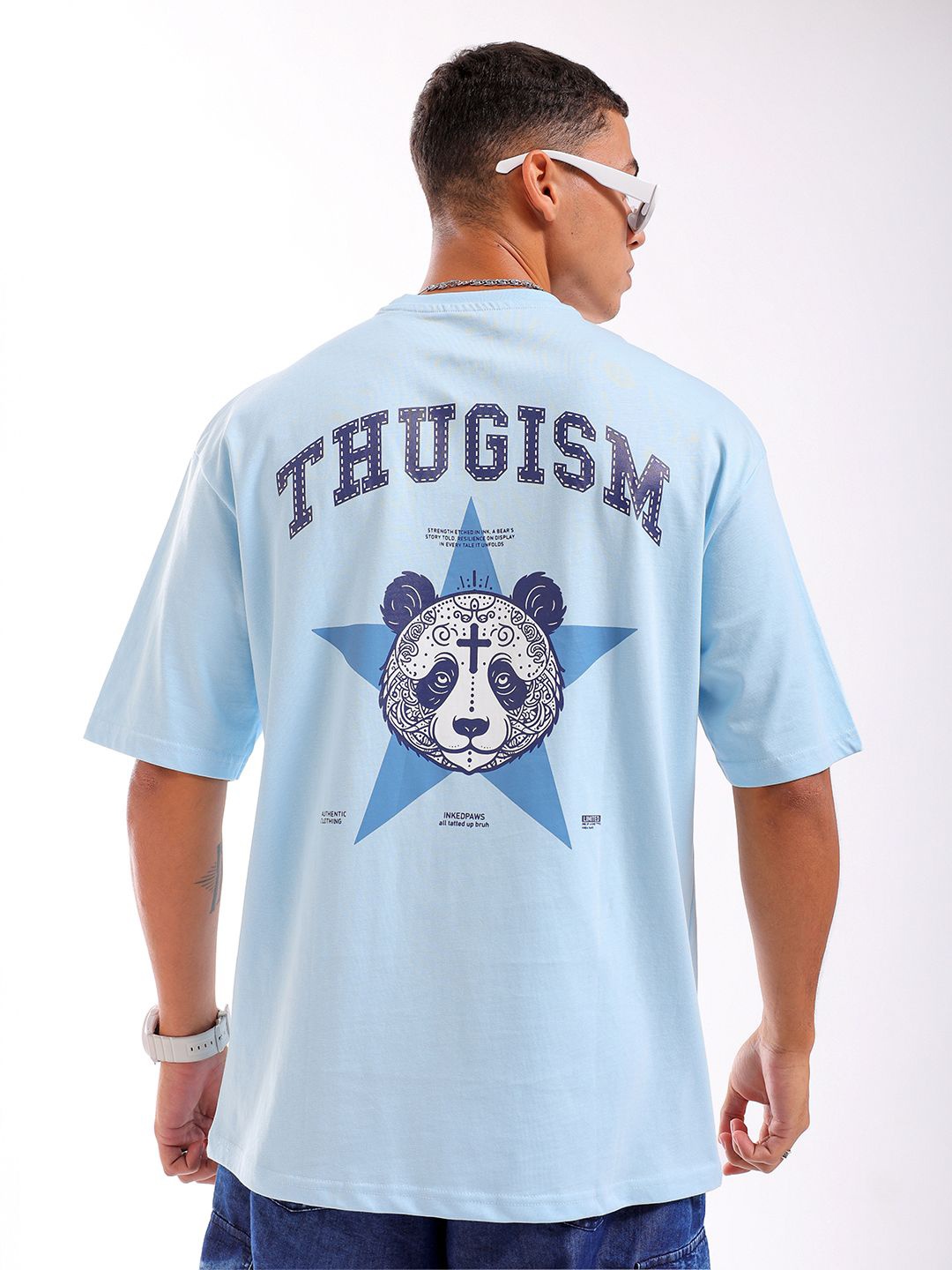 

The Indian Garage Co Men Back Printed Round Neck Boxy Oversized T-shirt, Blue
