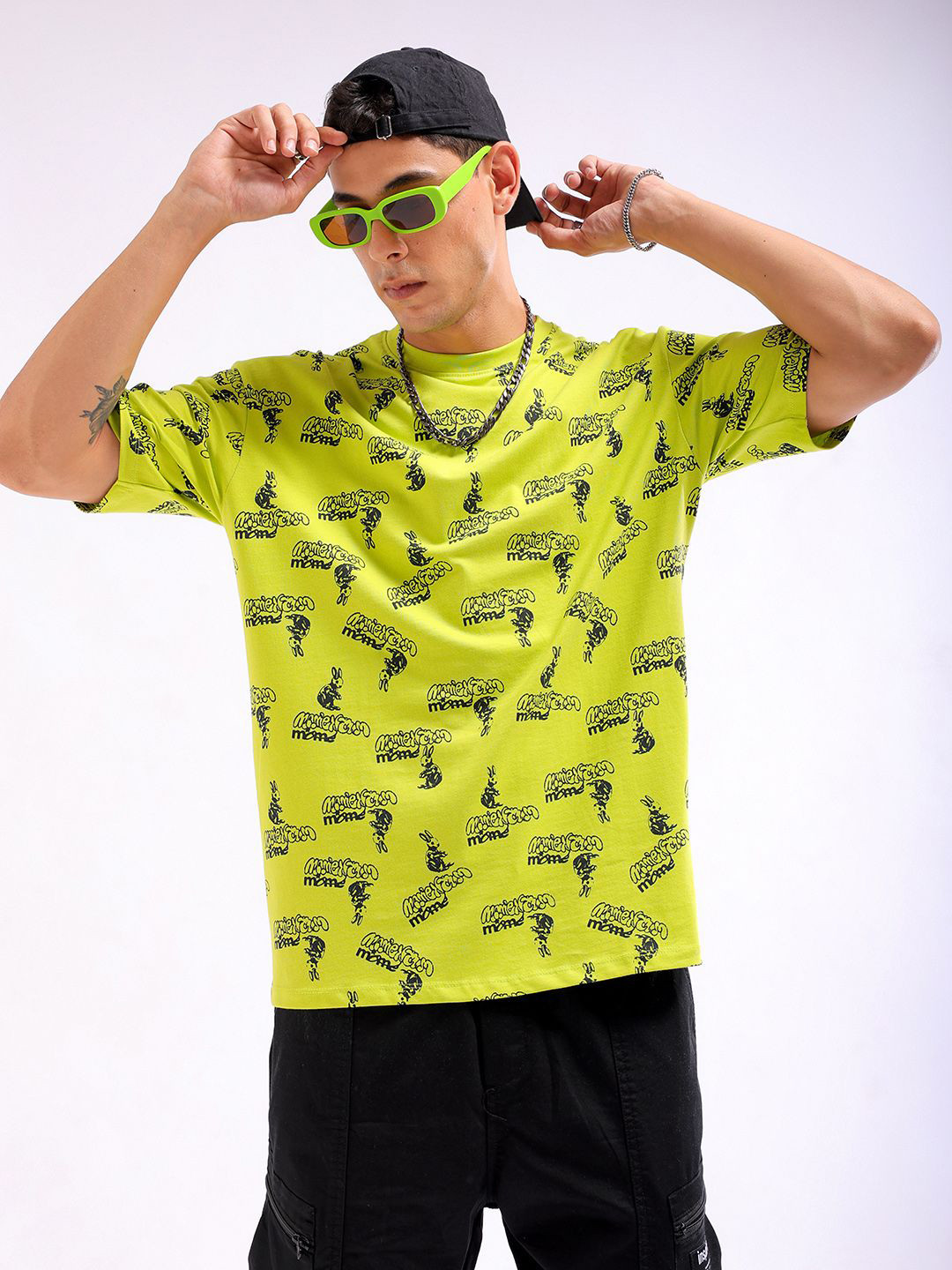 

The Indian Garage Co Men All Over Printed Round Neck Boxy Oversized T-shirt, Green