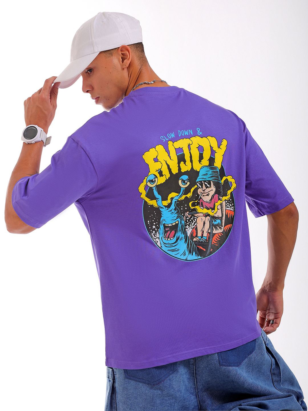 The Indian Garage Co Men Back Printed Round Neck Boxy Oversized T-shirt, Purple
