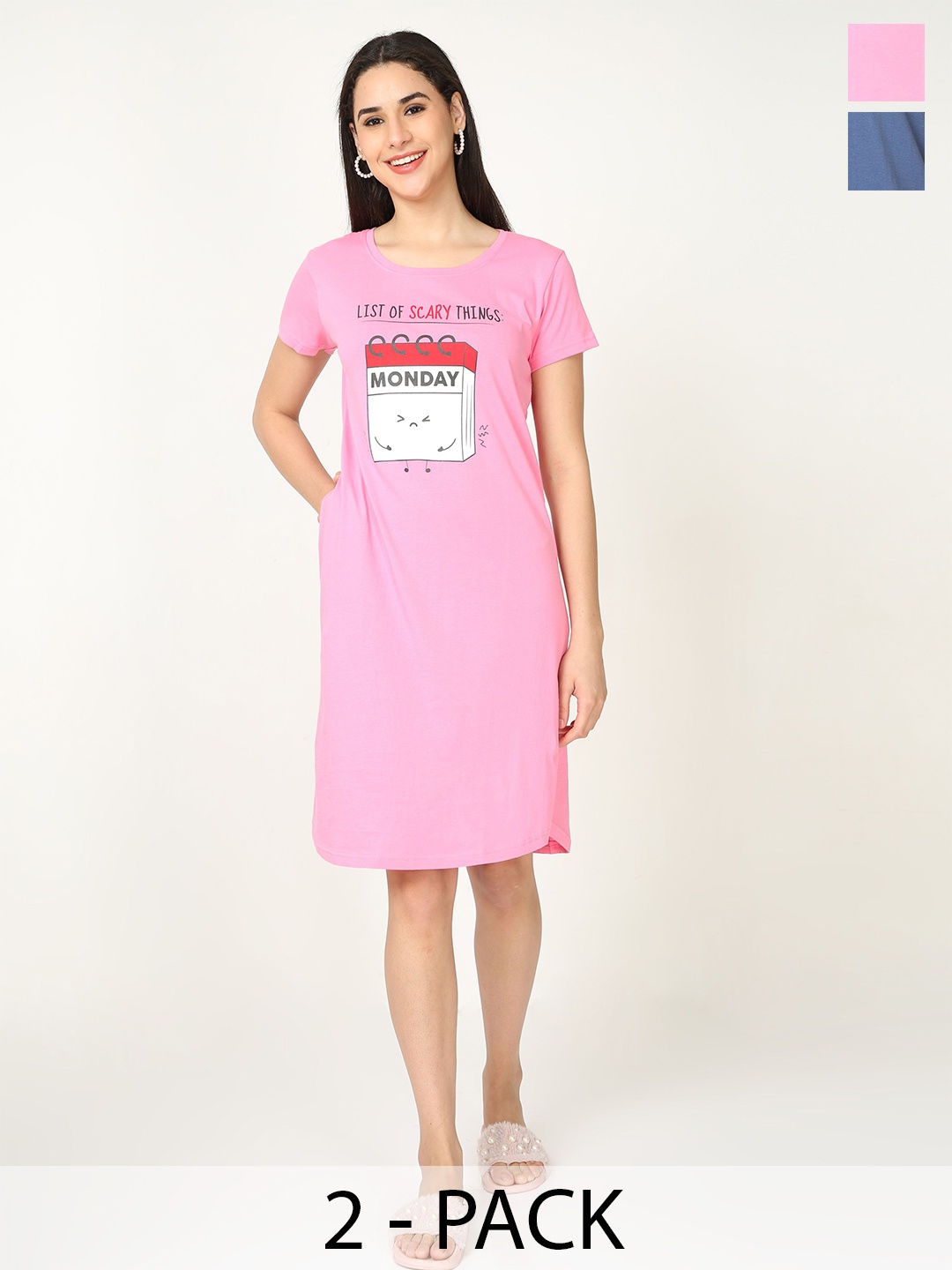 

9shines Label Pack Of 2 Typography Printed Pure Cotton T-shirt Nightdresses, Pink